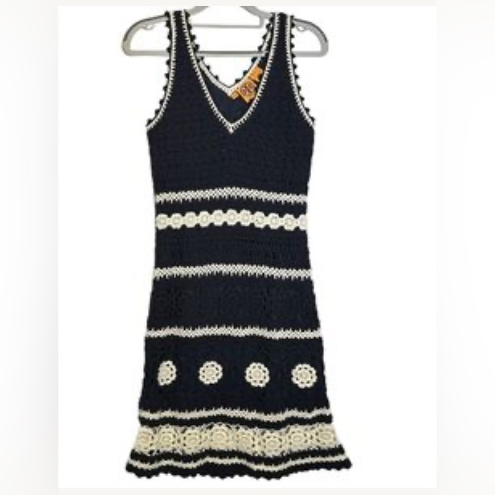 Tory Burch Navy & Cream / White Crochet 100% Cotton Sleeveless Slip on Dress